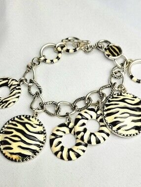 Zebra Print Chunky Charm Bracelet with Silver Tone Chain 8.5"
